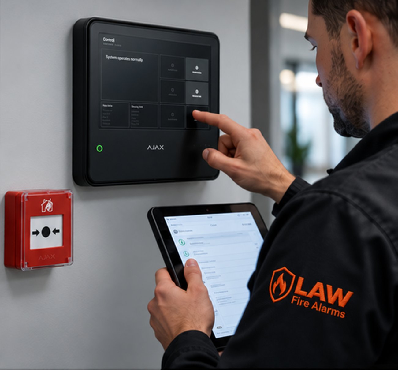 LAW Fire Alarms-branded engineer checking an Ajax EN54 fire hub beside a red call point, from the approved artwork